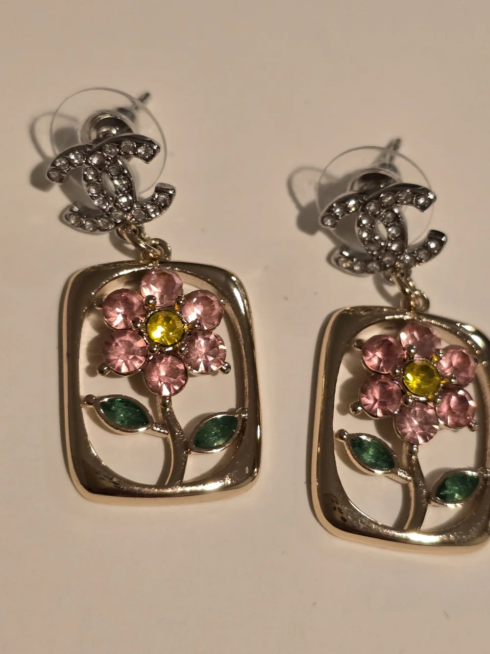 Chanel- Crystal Floral Drop Earrings - Pink & Green